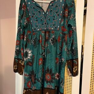 White Mark Teal and Brown Floral Long Sleeve Dress
